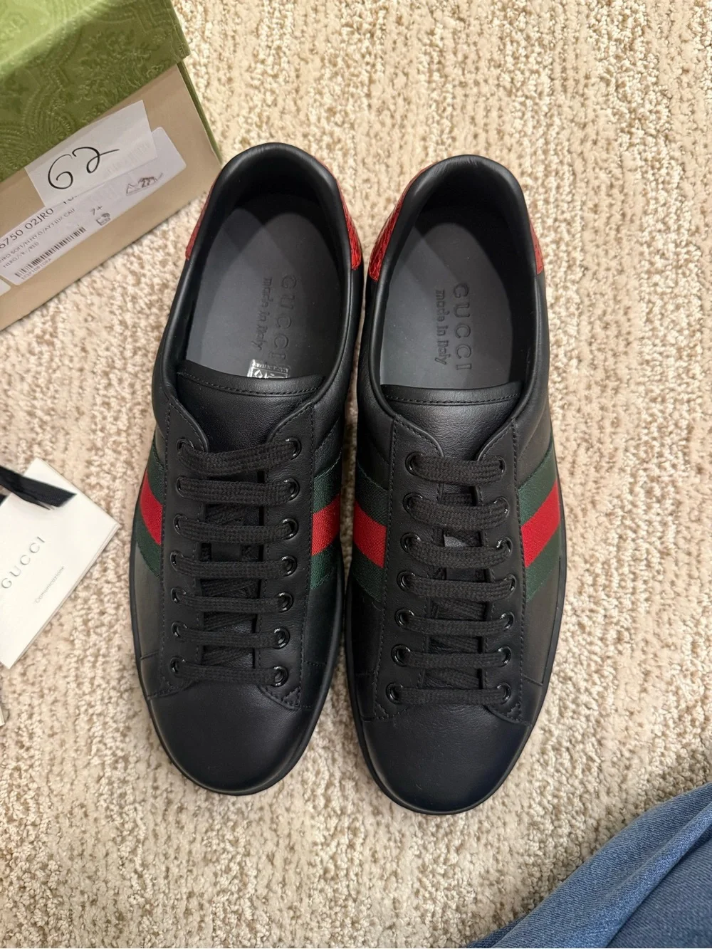 Gucci Black Leather Sneakers with Red & Green Web Stripe